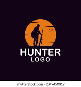 outdoor hunter logo silhouette design illustration on sunset background