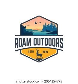 outdoor hunting activity with The silhouette of a hunter, with a dog, Duck and Deer