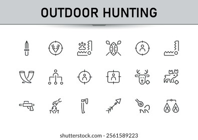 Outdoor Hunting lined icons set. Featuring survival, fish, recreation, wild, hunter and more. Minimal outline icon. Vector illustration in modern line style.