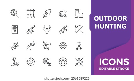 Outdoor Hunting lined icons set. Featuring survival, fish, recreation, wild, hunter and more. Minimal outline icon. Vector illustration in modern line style.