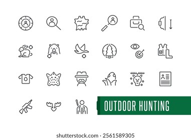 Outdoor Hunting lined icons set. Featuring survival, fish, recreation, wild, hunter and more. Minimal outline icon. Vector illustration in modern line style.