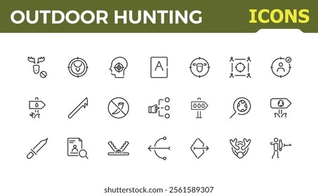 Outdoor Hunting lined icons set. Featuring survival, fish, recreation, wild, hunter and more. Minimal outline icon. Vector illustration in modern line style.