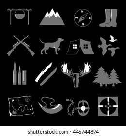 Outdoor hunting vector set. Illustration hunting symbol collection. Grey and white icon, silhouette and vector logo on black background. Flat isolated element. Object nature sign and symbol