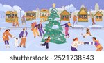 Outdoor ice rink with lots of different people skating with Christmas fair and cityscape at the background flat vector illustration. 