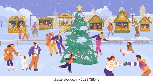 Outdoor ice rink with lots of different people skating with Christmas fair and cityscape at the background flat vector illustration. 