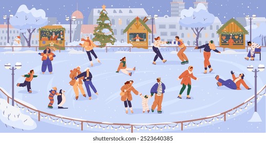 Outdoor ice rink with lots of different people skating with Christmas fair and cityscape at the background flat vector illustration. 