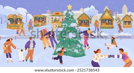 Outdoor ice rink with lots of different people skating with Christmas fair and cityscape at the background flat vector illustration. 