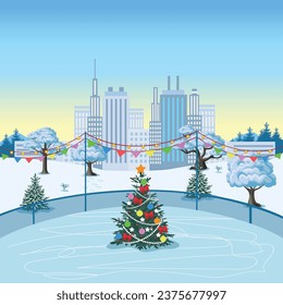 Outdoor ice skating rink with Christmas tree in a big city. Merry Christmas. Winter sports and recreation. Vector background illustration in cartoon style.