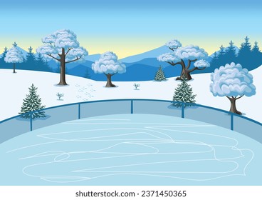 Outdoor ice skating rink. Winter sports and recreation. Vector background illustration in cartoon style.