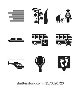 outdoor icon. 9 outdoor vector icons set. hot air ballon silhouette, helicopter and align right icons for web and design about outdoor theme