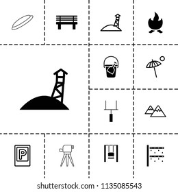 Outdoor icon. collection of 13 outdoor filled and outline icons such as bench, goal post, bonfire, observation military tower. editable outdoor icons for web and mobile.