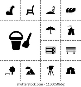 Outdoor icon. collection of 13 outdoor filled icons such as wooden wall, tent, bucket toy for beach, tree and bench, mountain. editable outdoor icons for web and mobile.