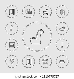 Outdoor icon. collection of 13 outdoor outline icons such as parachute, table, swing, rake, water hose, pond, barbecue, street lamp. editable outdoor icons for web and mobile.