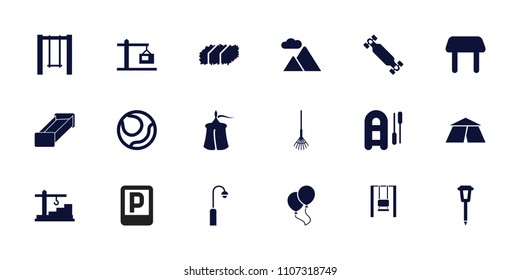 Outdoor icon. collection of 18 outdoor filled icons such as table, inflatable boat, rake, street lamp, swing, mountain. editable outdoor icons for web and mobile.