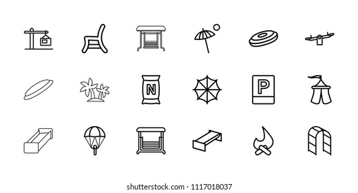 Outdoor icon. collection of 18 outdoor outline icons such as garden bench, swing, parachute, hockey puck, bonfire. editable outdoor icons for web and mobile.