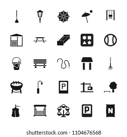 Outdoor icon. collection of 25 outdoor filled icons such as parking, carousel, barbecue, tree and bench, rake, swing. editable outdoor icons for web and mobile.