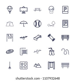 Outdoor icon. collection of 25 outdoor outline icons such as garden bench, parking, from toy for beach, swing, parachute. editable outdoor icons for web and mobile.