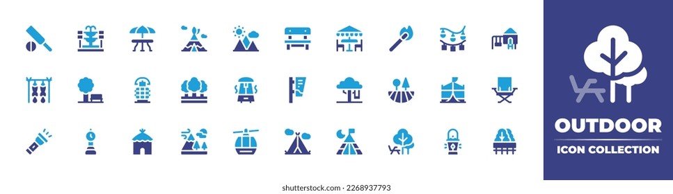 Outdoor icon collection. Duotone color. Vector illustration. Containing cricket bat, fountain, dinner table, teepee, mountain, bench, outdoor, match, lights, playground, grilled food, park, oil lamp.