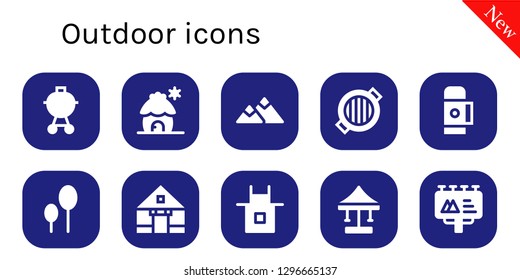  outdoor icon set. 10 filled outdoor icons. Simple modern icons about  - Barbecue, Cabin, Mountain, Grill, Thermo, Balloons, Tent, Apron, Swing, Billboard