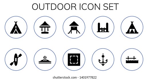 outdoor icon set. 10 filled outdoor icons.  Collection Of - Tent, Kayak, Swing, Mountain, Playground, Marquee, Trampoline, Hook, Pier
