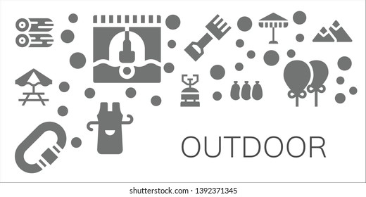 outdoor icon set. 11 filled outdoor icons.  Collection Of - Woods, Bungee jumping, Picnic table, Camping gas, Carabiner, Balloons, Rake, Apron, Umbrella, Mountain