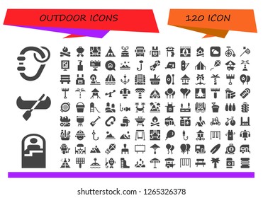  outdoor icon set. 120 filled outdoor icons. Simple modern icons about  - Carabiner, Sleeping bag, Canoe, Campfire, Barbecue, Stage, Tent, Camping gas, Grill, Apron, Slide, Bungee jumping