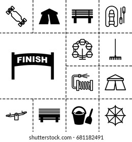 Outdoor icon. set of 13 filled and outline outdoor icons such as tent, rake, bench, bucket and shovel, swing, water hose, umbrella, skate board, finish, carousel