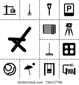 Outdoor icon. set of 13 filled outdoor icons such as wooden wall, from toy for beach, theodolite, rake, water hose, street lamp, outdoor chair, construction  crane, parking