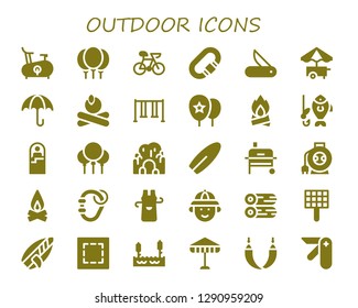  outdoor icon set. 30 filled outdoor icons. Simple modern icons about  - Bike, Balloons, Carabiner, Jackknife, Food cart, Umbrella, Campfire, Swing, Bonfire, Fishing, Sleeping bag