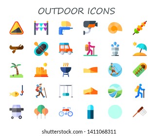 outdoor icon set. 30 flat outdoor icons.  Simple modern icons about  - slope, gate, paintball gun, security camera, fossil, skewer, canoe, rafting, jeep, hiking, sprinkler, sun umbrella