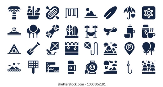 outdoor icon set. 32 filled outdoor icons. on blue background style Simple modern icons about  - Palm tree, Mountain, Tent, Mountains, Picnic, Balloons, Rowing, Grill, Rafting
