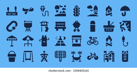 outdoor icon set. 32 filled outdoor icons. on blue background style Simple modern icons about  - Lake, Carabiner, Umbrella, Sand bucket, Canoe, Barbecue, Terrace, Swing, Kite