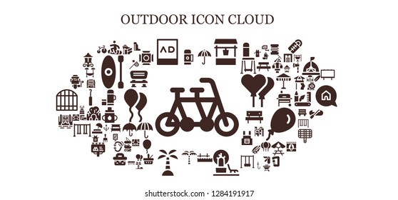  outdoor icon set. 93 filled outdoor icons. Simple modern icons about  - Tandem, Thermo, Snowboard, Ads, Umbrella, Water well, Pier, Landscape, Palm tree, Island, Waterfall, Fishing reel