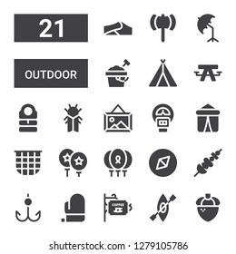 outdoor icon set. Collection of 21 filled outdoor icons included Acorn, Kayak, Signboard, Mitt, Hook, Skewer, Adventure, Balloons, Balloon, Net, Tent, Parking meter, Landscape