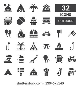 outdoor icon set. Collection of 32 filled outdoor icons included Paintball, Fishing hook, Balloon, Tent, Grill, Bike, Fishing rod, Savannah, Hook, Campfire, Picnic table, Palm tree