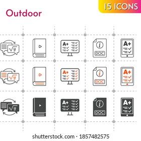 outdoor icon set. included ereader, ebook, test, homework, doc icons on white background. linear, bicolor, filled styles.