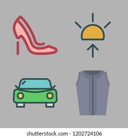 outdoor icon set. vector set about high heels, blouse, sunrise and car icons set.
