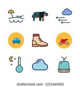 outdoor icon set. vector set about boot, beach, motorbike and cable car cabin icons set.