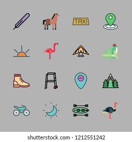 outdoor icon set. vector set about sunrise, flamingo, paragliding and thermometer icons set.