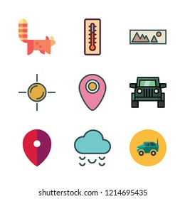 outdoor icon set. vector set about thermometer, red panda, cloud and sun icons set.