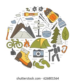 Outdoor icons in circle composition. Hiking and camping thin line elements with open paths. Vector travel concept for flyers, cards, banners, web and mobile applications.