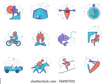 Outdoor icons in flat colors style. Vector illustration.