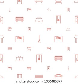 outdoor icons pattern seamless white background. Included editable line tent, rake, barbecue, bench, finish, swing, table, playground ladder icons. outdoor icons for web and mobile.