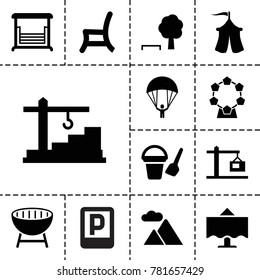 Outdoor icons. set of 13 editable filled outdoor icons such as bucket toy for beach, tree and bench, swing, outdoor chair, tent, mountain, construction  crane