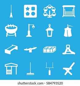 outdoor icons set. Set of 16 outdoor filled icons such as garden bench, from toy for beach, swing, rake, street lamp, outdoor chair, gazebo, waterslide, goal post, tent