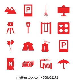 outdoor icons set. Set of 16 outdoor filled icons such as garden bench, parking, tent, from toy for beach, balloon, theodolite, rake, water hose, street lamp, swing