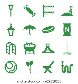 Outdoor icons set. set of 16 outdoor filled icons such as balloon, rake, water hose, irrigation system, street lamp, outdoor chair, playground ladder, bag with ground