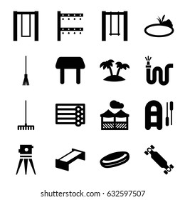 Outdoor icons set. set of 16 outdoor filled icons such as garden bench, wooden wall, table, theodolite, rake, water hose, irrigation system, swing, palm, pond, pergola