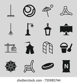 Outdoor icons set. set of 16 outdoor filled and outline icons such as bucket toy for beach, street lamp, bag with ground, tent, restaurant table, umbrella, rake, outdoor chair