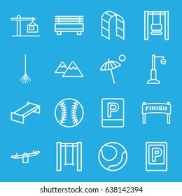 Outdoor icons set. set of 16 outdoor outline icons such as parking, garden bench, swing, rake, street lamp, playground ladder, construction  crane, mountain, umbrella